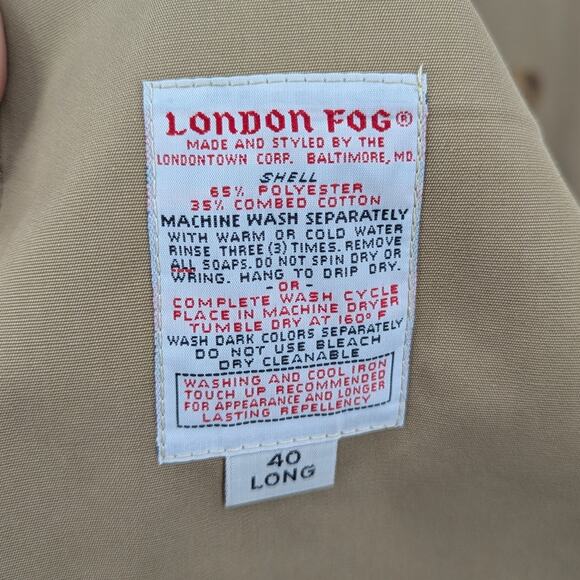 Vintage London Fog Trench Coat 40 Long Tan Belted Double Breasted Classic Sz 40 - Picture 5 of 6